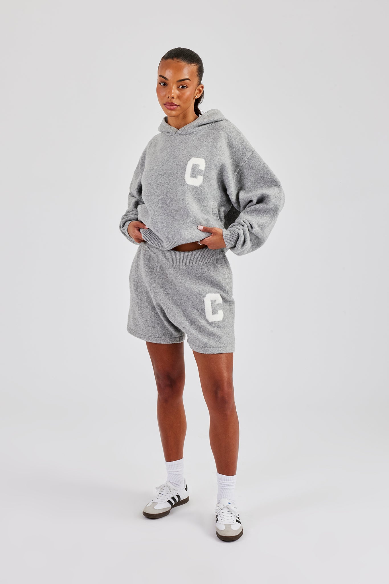 C Knitted Hoodie & Shorts - Grey